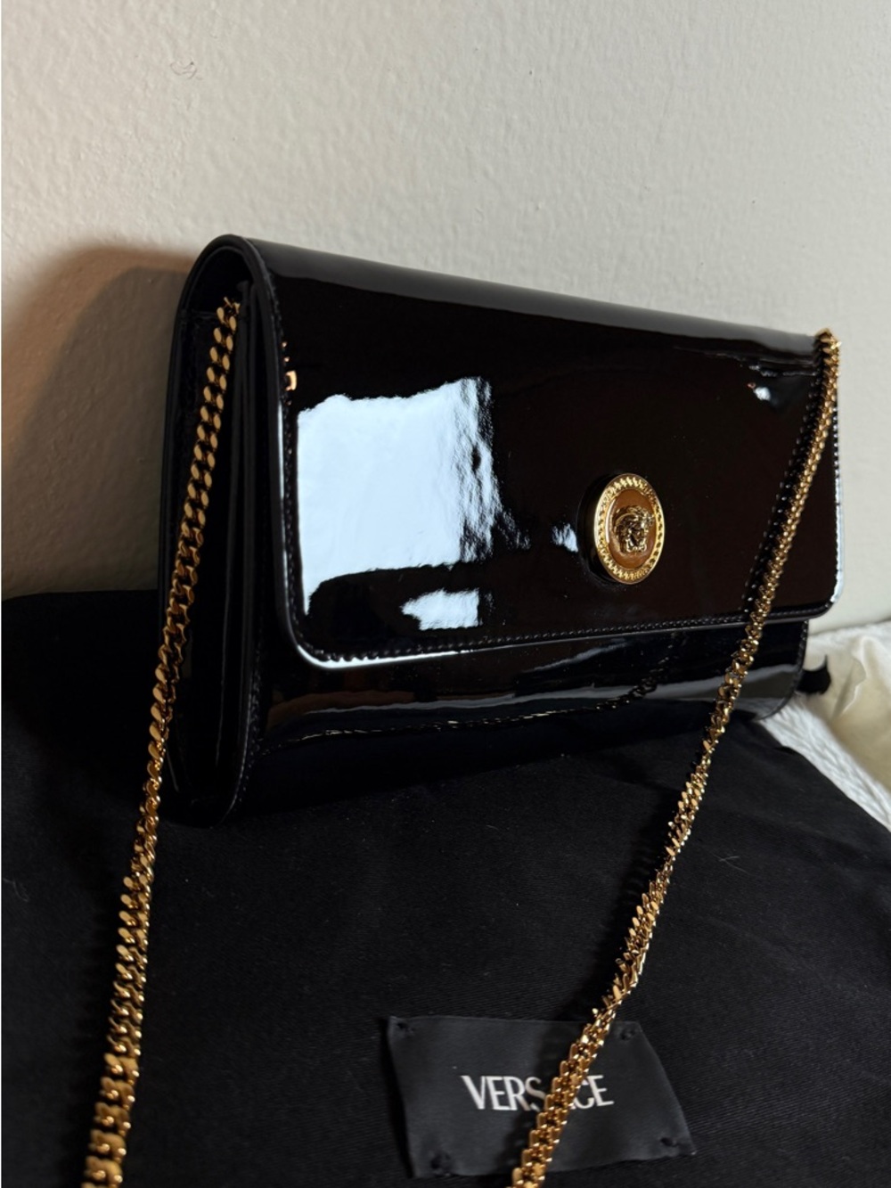 Versace Black Patent Leather Clutch on chain with Gold Medusa Button - Picture 3 of 6